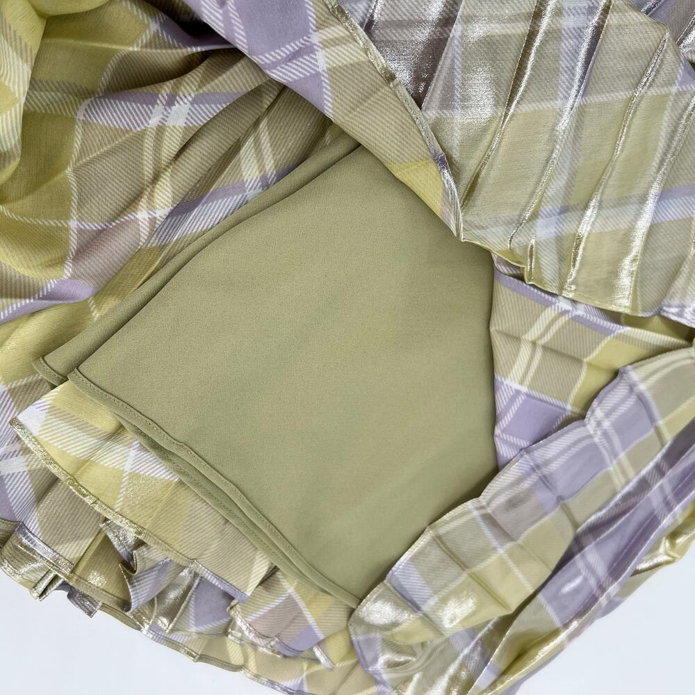 Lauren Ralph Lauren Checked Plaid Pleated Georgette Skirt 12 Green Metallic NEW - Picture 10 of 11
